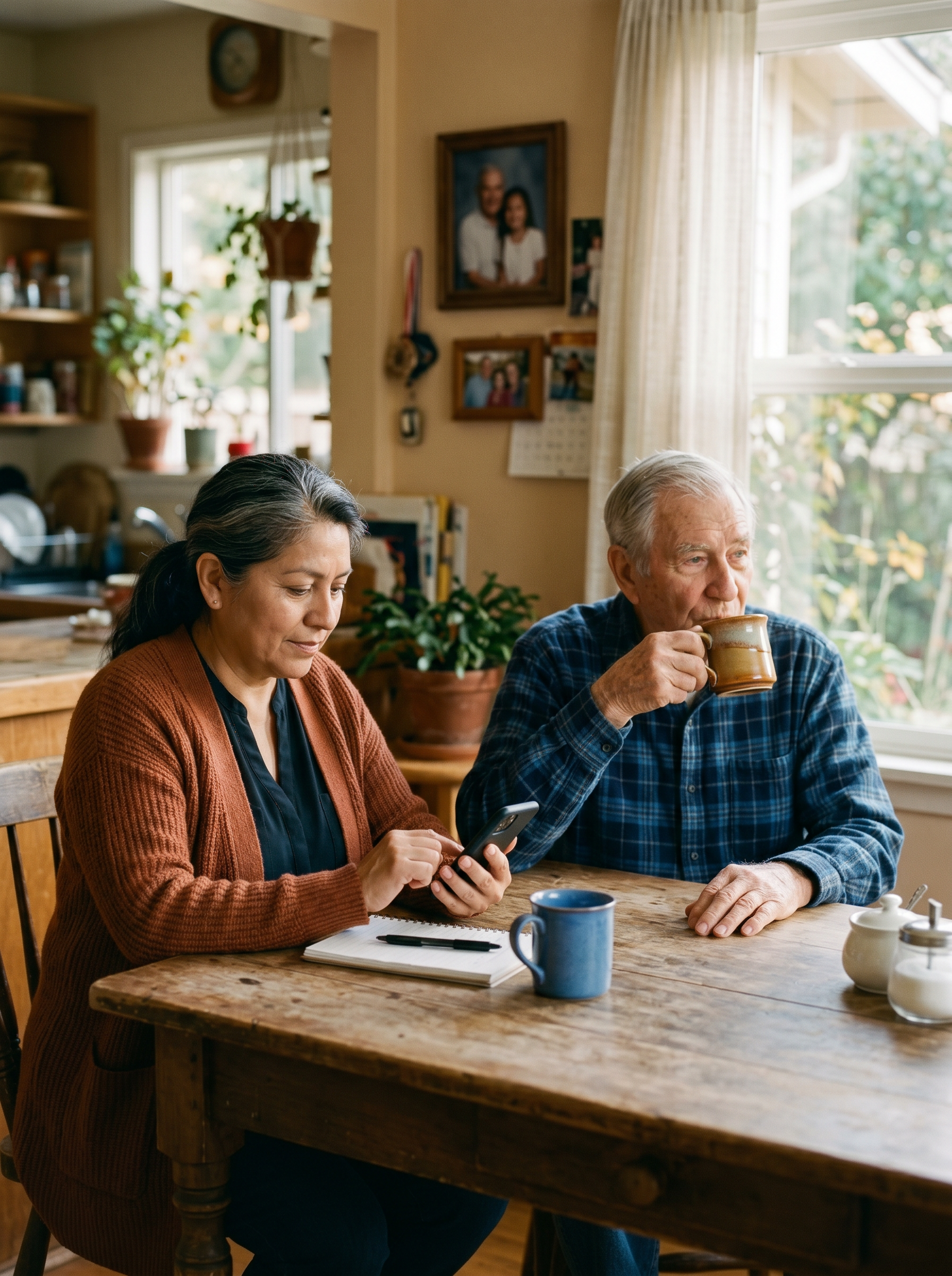Aide and patient in a kitchen during an afternoon visit