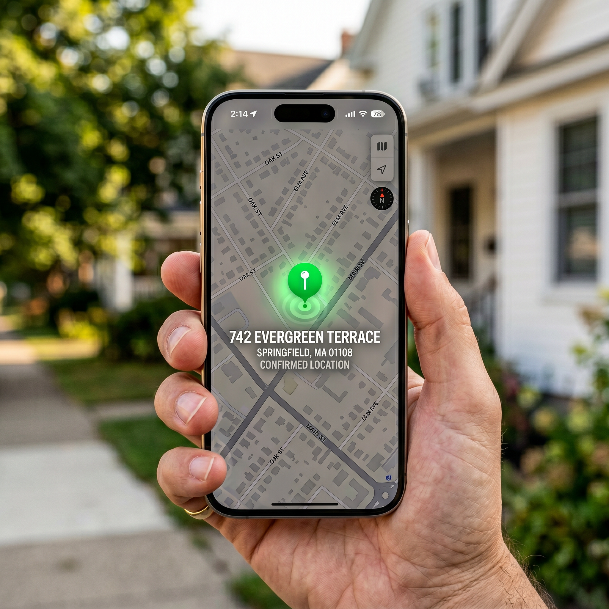 A phone showing a geofenced check-in over a residential map