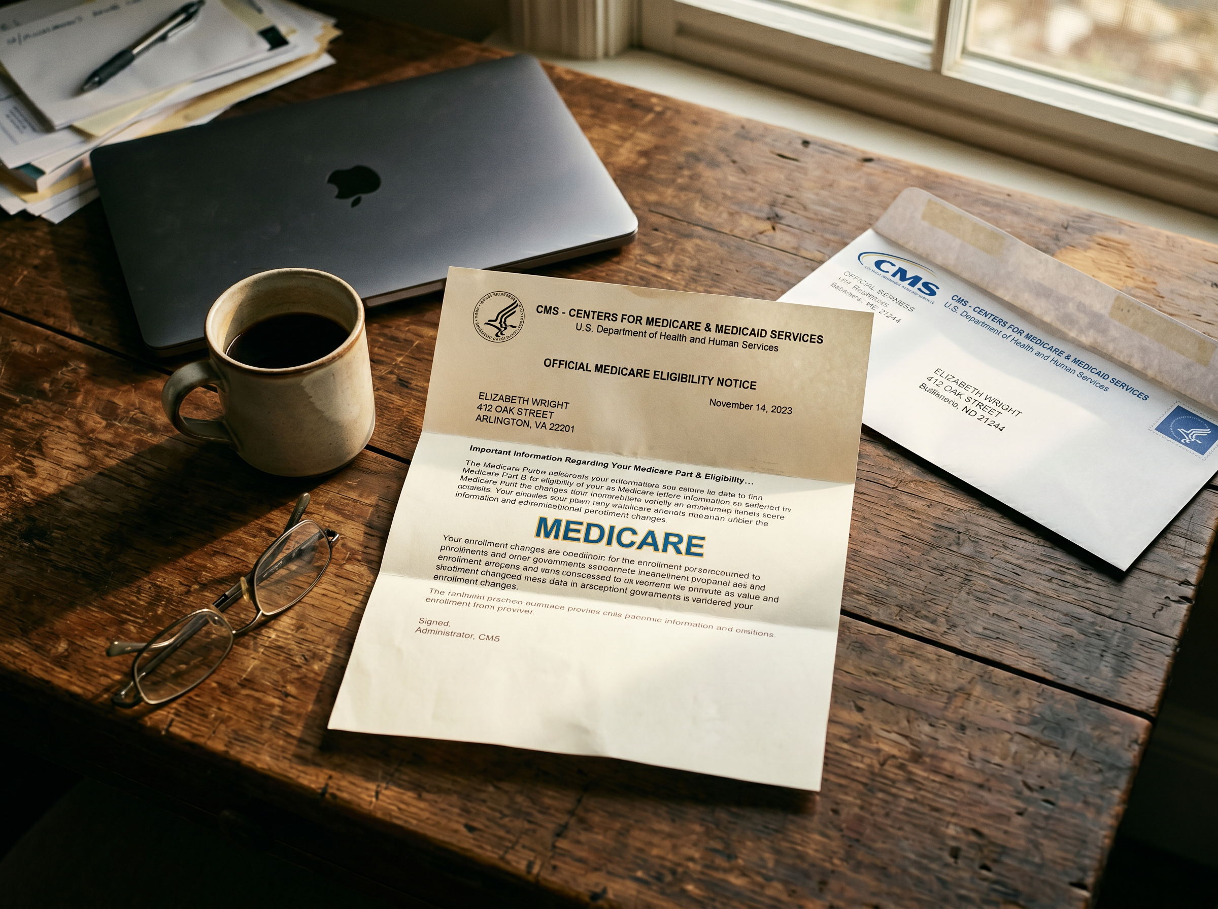 A CMS Medicare letter and envelope on a wooden desk — the moment a clawback letter arrives