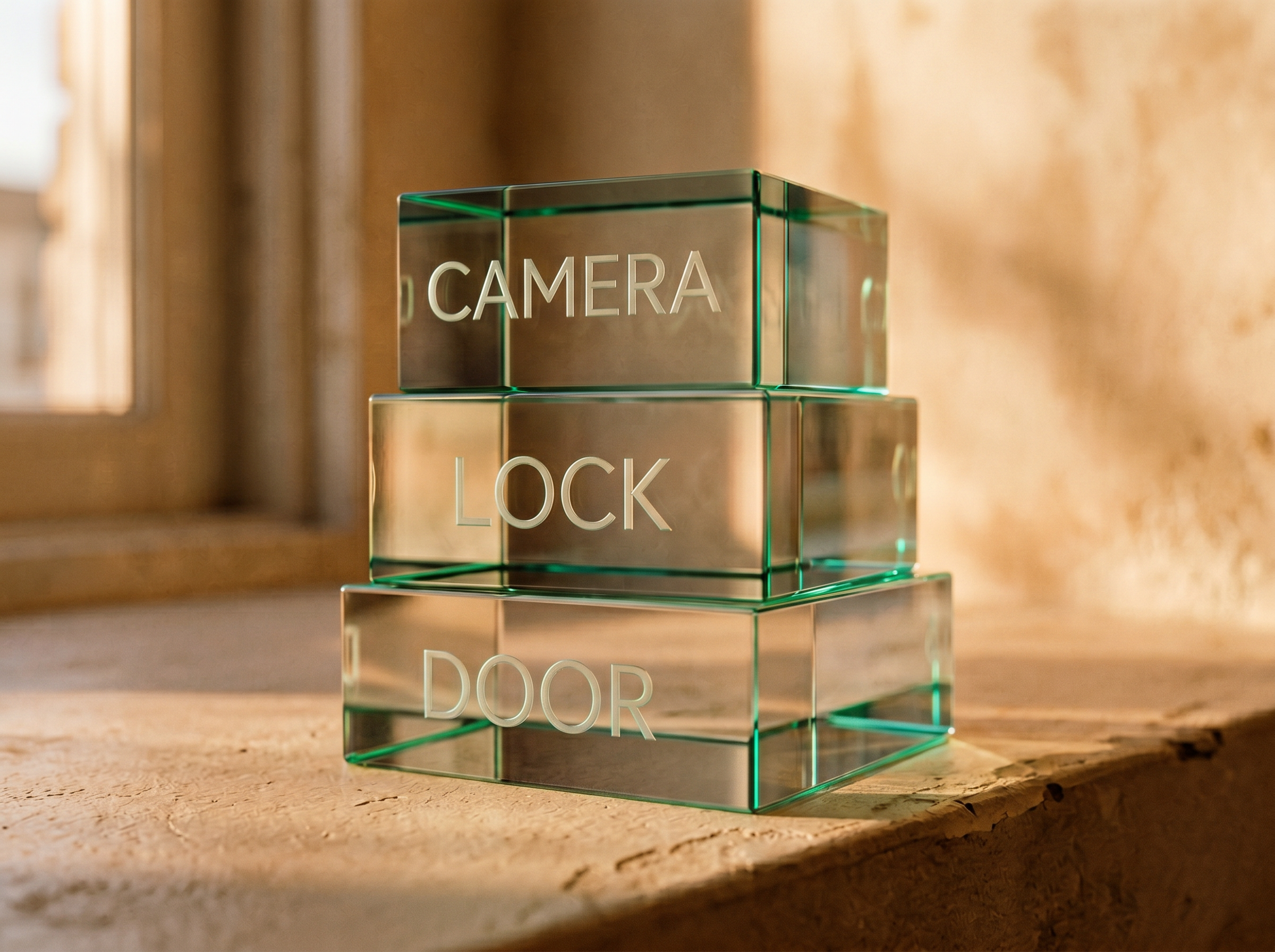 A glass-block sculpture etched with the words DOOR, LOCK, CAMERA — the three layers of visit verification
