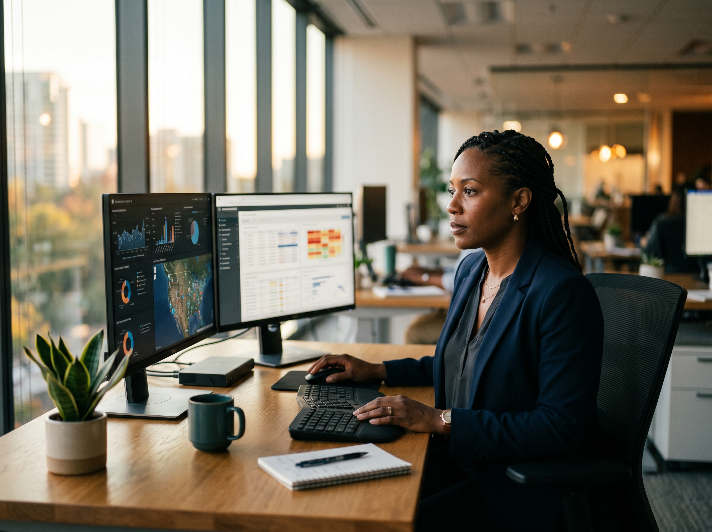 A program-integrity analyst studying live visit data dashboards in a managed-care office at dusk