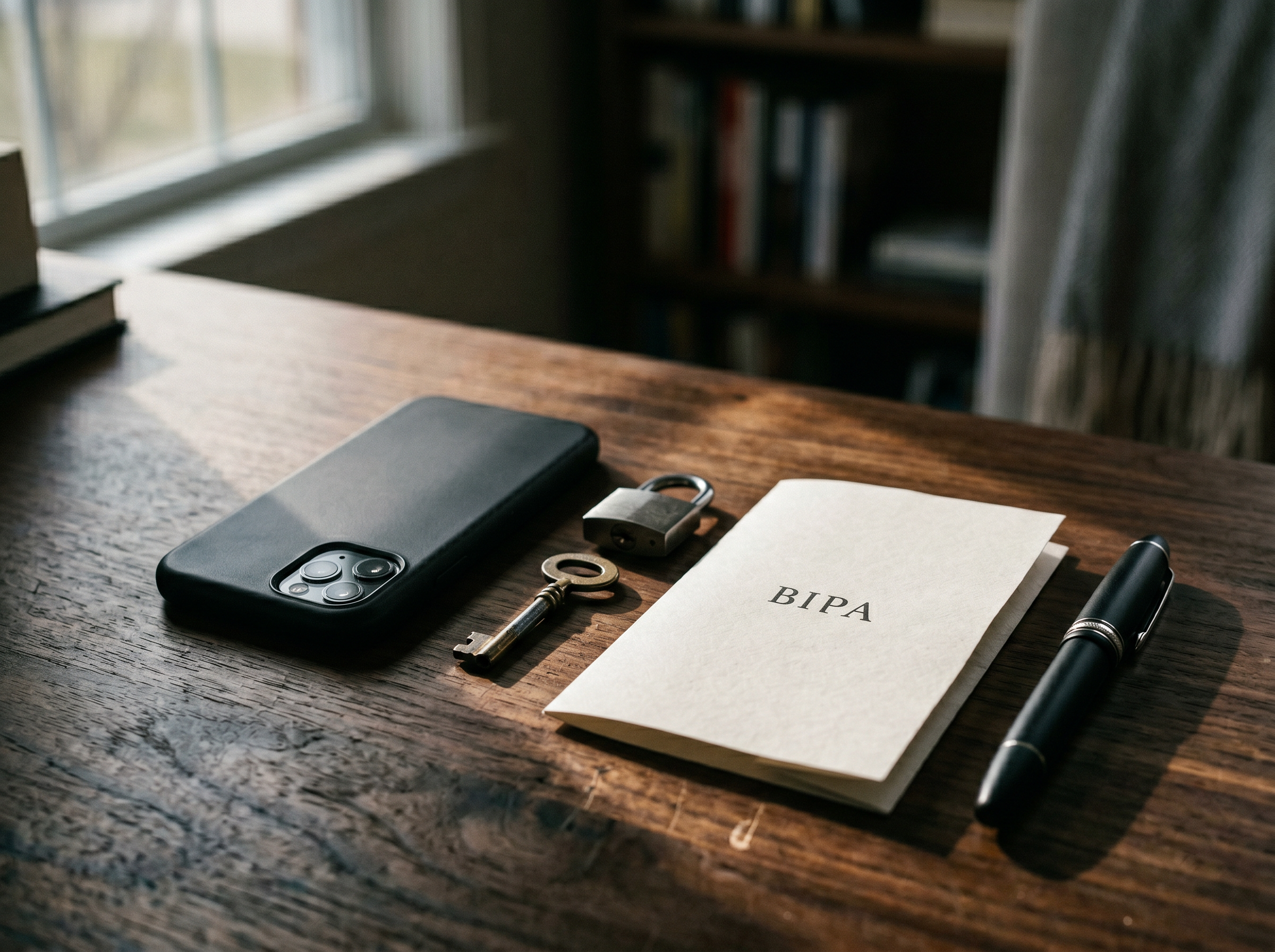A locked phone, padlock, key, and a folded paper labeled BIPA on a walnut desk — the biometric never leaves the device