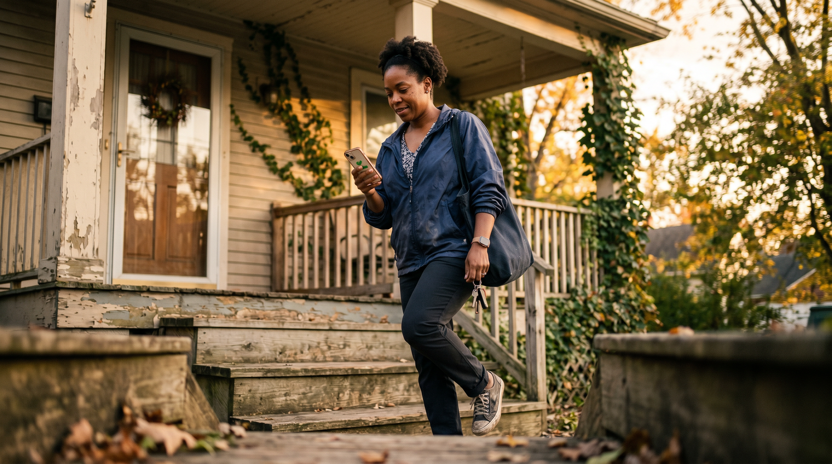 Caregiver arriving at a home, glancing at her phone in the late afternoon