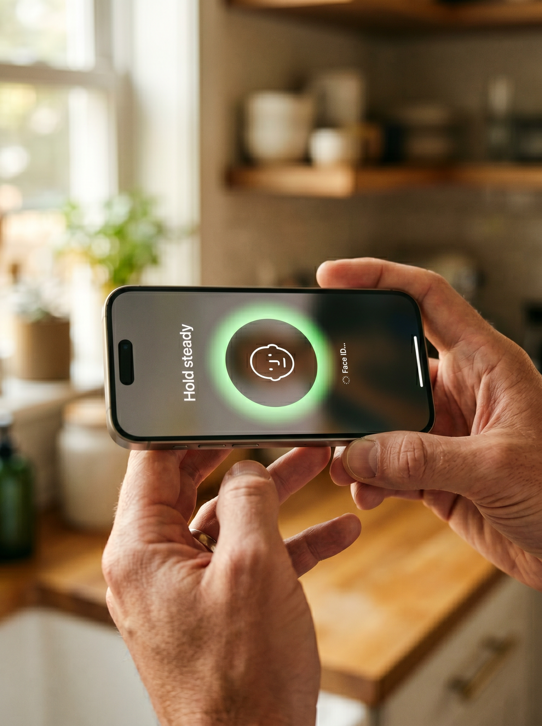 A caregiver's hands holding a phone, face-scan in progress