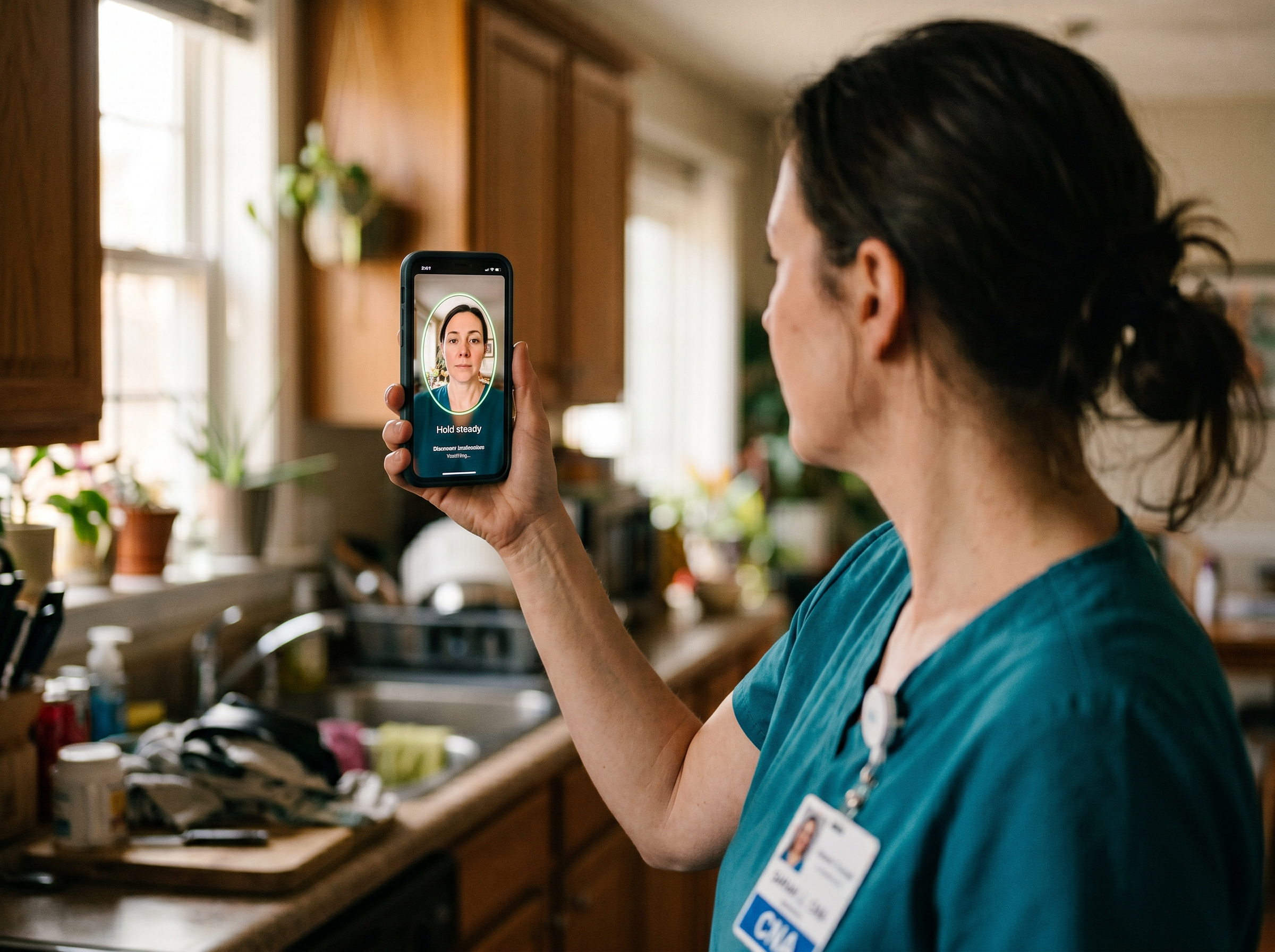 Over-the-shoulder view of a caregiver in scrubs holding her phone upright in portrait orientation, doing a selfie biometric face-scan check-in with the VisitLock app — green oval ring around her live face and Hold steady caption visible on screen